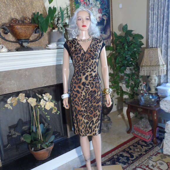 Escada Black & Brown Leopard Print Ruched Surplice Sheath Dress Size EU 38- US 8 - Picture 4 of 16